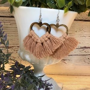 Handmade wood heart macrame earrings